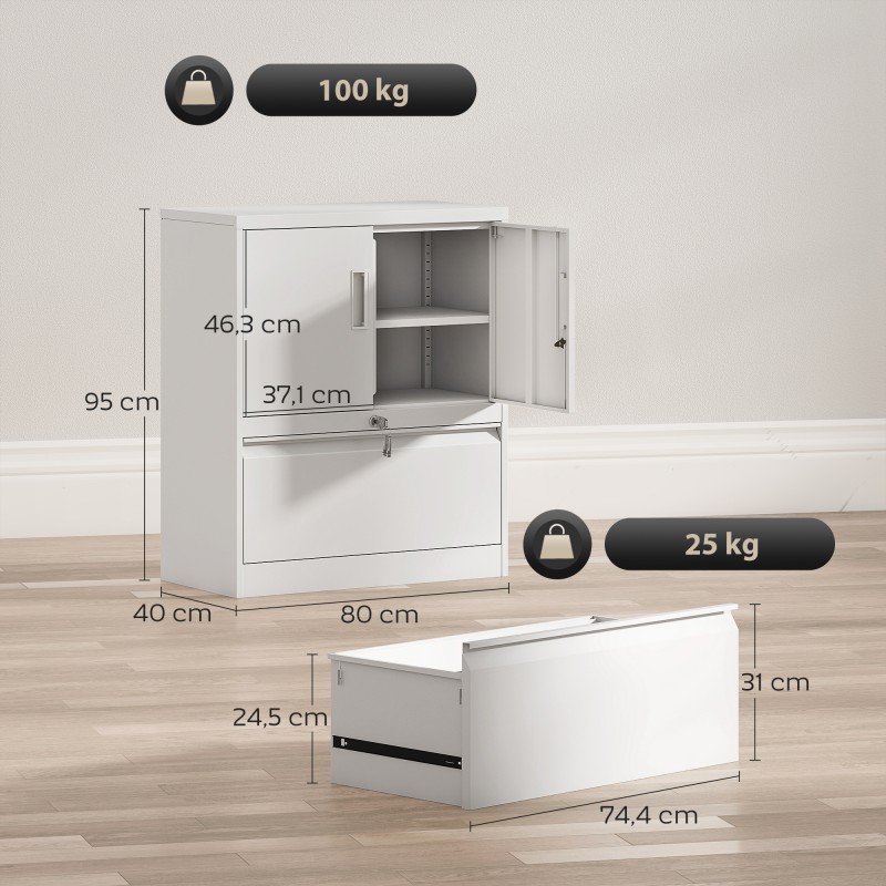 Lukittava teräksinen asiakirjakaappi vetolaatikolla, säädettävät hyllyt, 80 x 40 x 95 cm, valkoinen