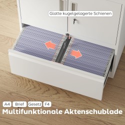 Lukittava teräksinen asiakirjakaappi vetolaatikolla, säädettävät hyllyt, 80 x 40 x 95 cm, valkoinen