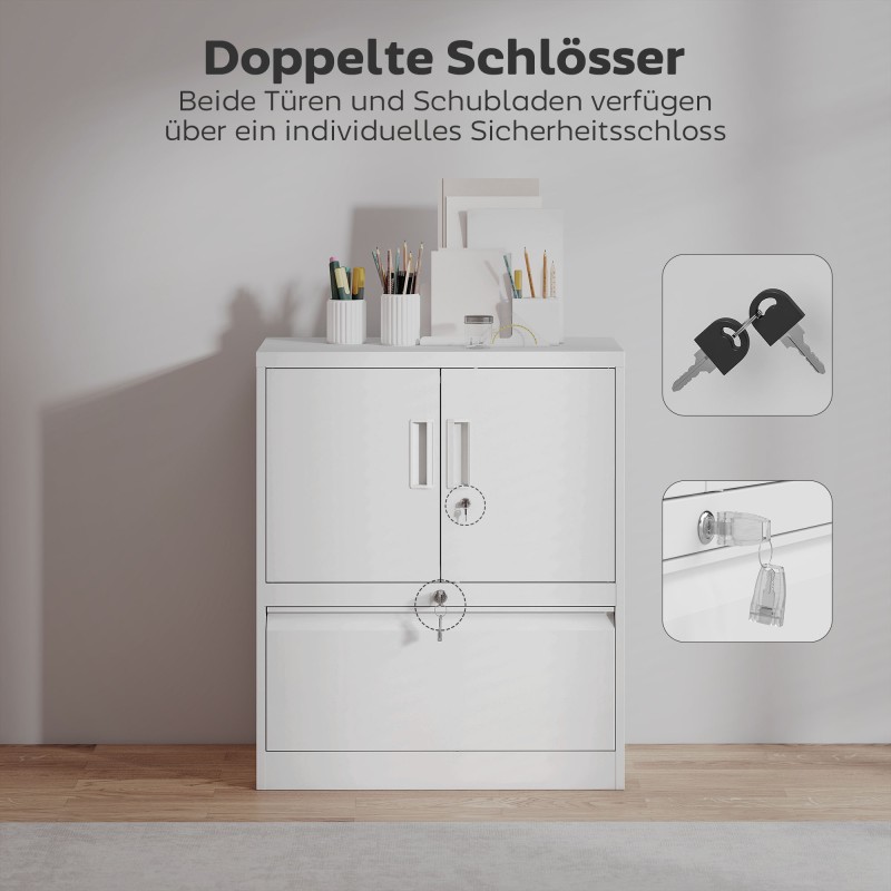 Lukittava teräksinen asiakirjakaappi vetolaatikolla, säädettävät hyllyt, 80 x 40 x 95 cm, valkoinen