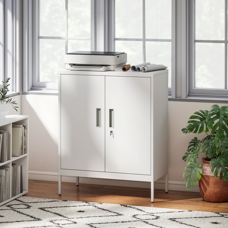 Lukittava teräskaappi 2 ovella, säädettävät hyllyt, 80 x 40 x 100 cm, valkoinen