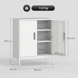 Lukittava teräskaappi 2 ovella, säädettävät hyllyt, 80 x 40 x 100 cm, valkoinen