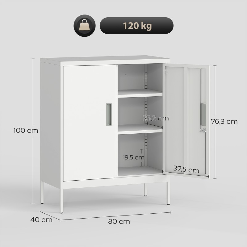 Lukittava teräskaappi 2 ovella, säädettävät hyllyt, 80 x 40 x 100 cm, valkoinen