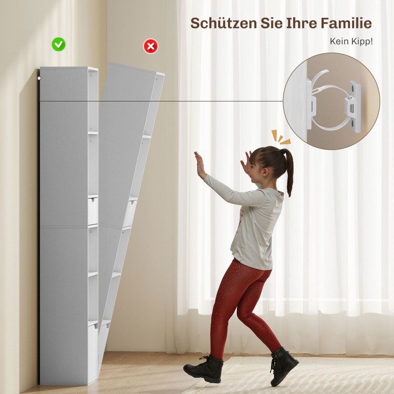 Kapea kirjahylly laatikolla ja kaapilla, 6 tasoa, lastulevy, 30 x 24 x 158 cm, valkoinen