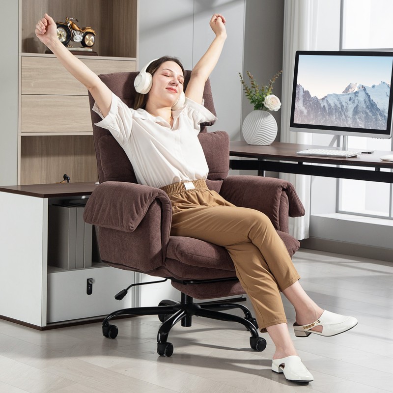 Työtuoli säädettävä selkänoja ja jalkatuki samettipintainen teräsrunko kahvinruskea