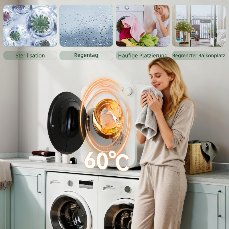 Kompakti kuivausrumpu 4 kg, 5 ohjelmaa, 400/800 W, 60 °C, seinä- ja vapaasti seisova, valkoinen