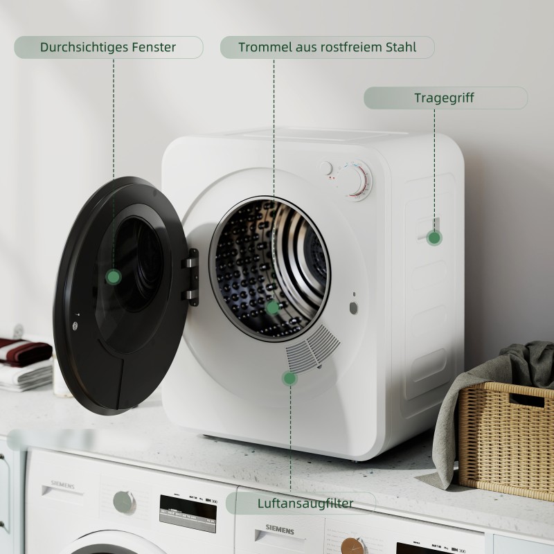 Kompakti kuivausrumpu 4 kg, 5 ohjelmaa, 400/800 W, 60 °C, seinä- ja vapaasti seisova, valkoinen