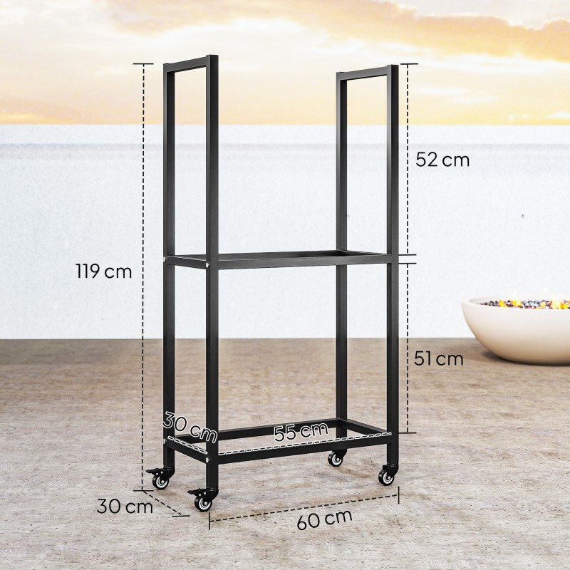 Halkoteline sisäkäyttöön teräs 60 x 30 x 119 cm 2 tasoa pyörillä musta