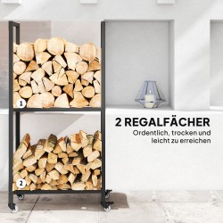 Halkoteline sisäkäyttöön teräs 60 x 30 x 119 cm 2 tasoa pyörillä musta