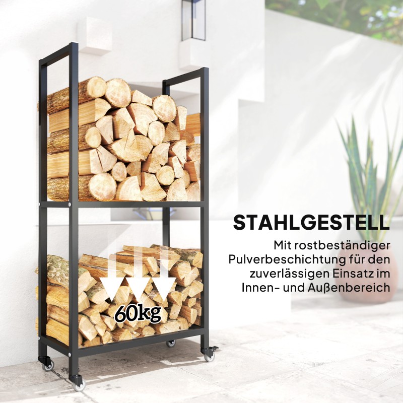 Halkoteline sisäkäyttöön teräs 60 x 30 x 119 cm 2 tasoa pyörillä musta