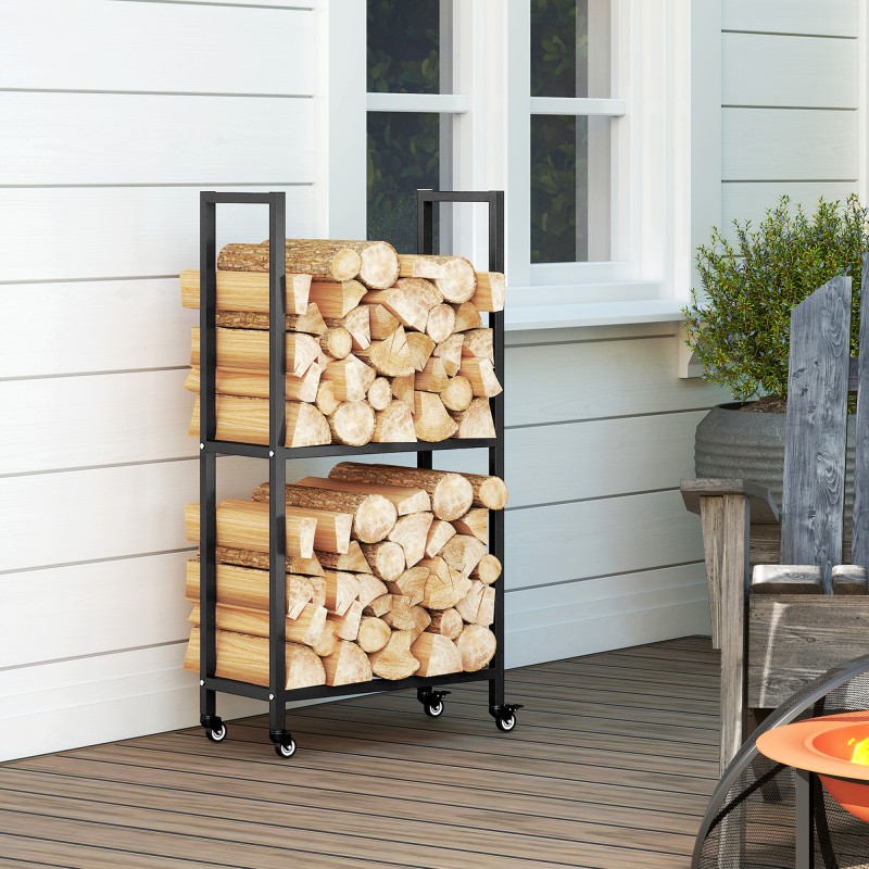 Halkoteline sisäkäyttöön teräs 60 x 30 x 119 cm 2 tasoa pyörillä musta