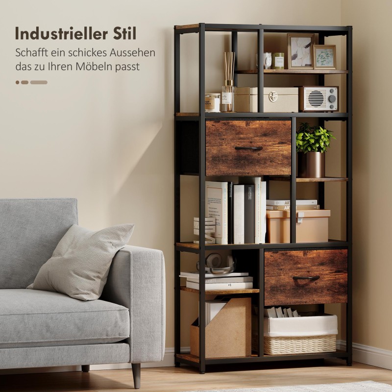 Säilytyshylly 2 kangaslaatikkoa 9 avointa lokeroa teräsrunko 72,5 x 30 x 150 cm ruskea musta