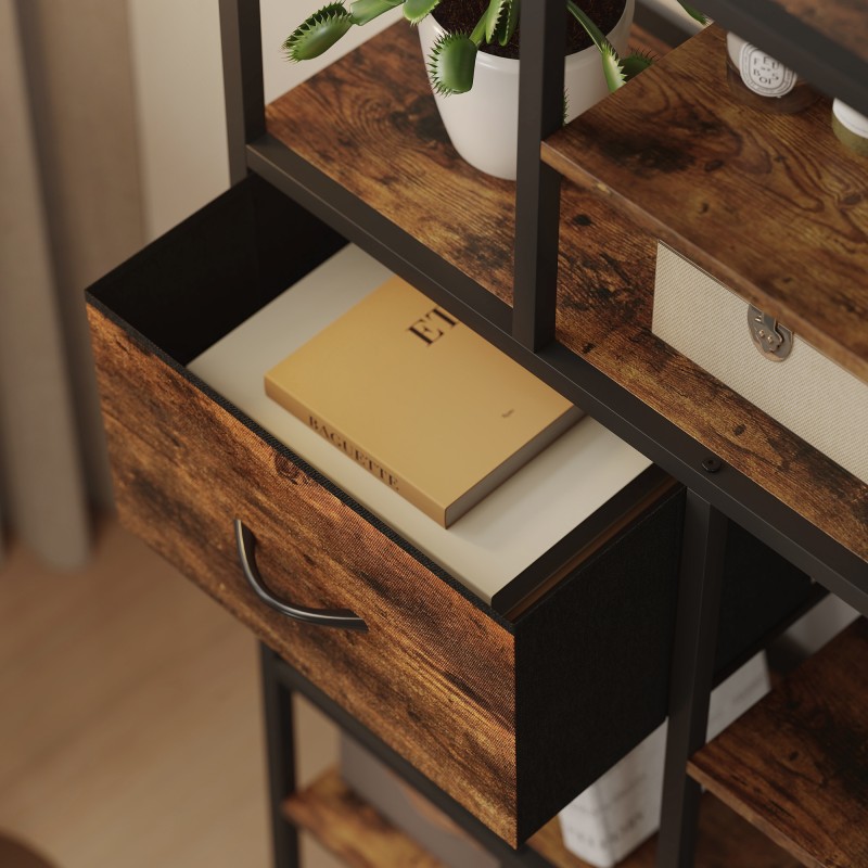 Säilytyshylly 2 kangaslaatikkoa 9 avointa lokeroa teräsrunko 72,5 x 30 x 150 cm ruskea musta