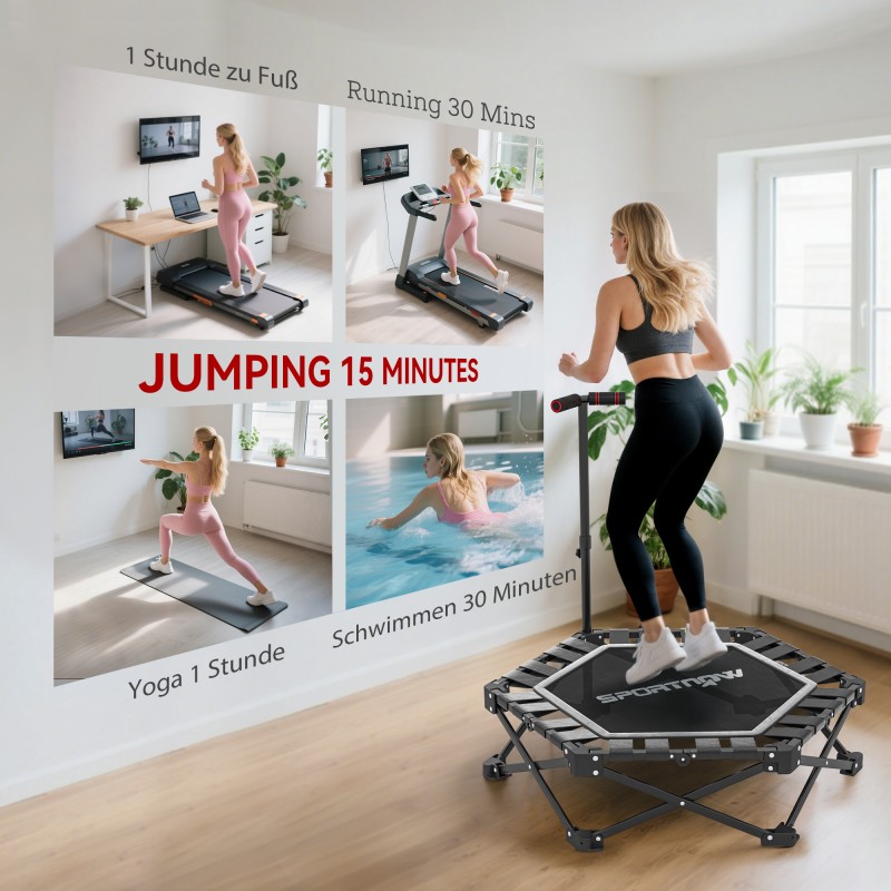 Kuntoilutrampoliini säädettävällä T-kahvalla, taitettava, 120 kg, teräs/muovi, musta