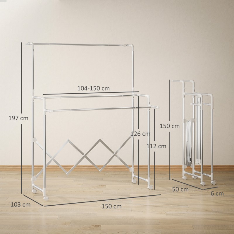 Pyykinkuivausteline torni, ruostumaton teräs, 3 säädettävää tasoa, taittuva, pyörillä, hopea