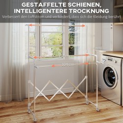 Pyykinkuivausteline torni, ruostumaton teräs, 3 säädettävää tasoa, taittuva, pyörillä, hopea