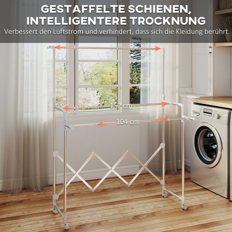 Pyykinkuivausteline torni, ruostumaton teräs, 3 säädettävää tasoa, taittuva, pyörillä, hopea