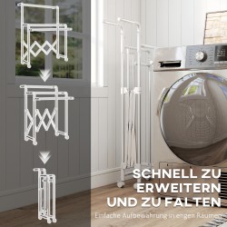 Pyykinkuivausteline torni, ruostumaton teräs, 3 säädettävää tasoa, taittuva, pyörillä, hopea