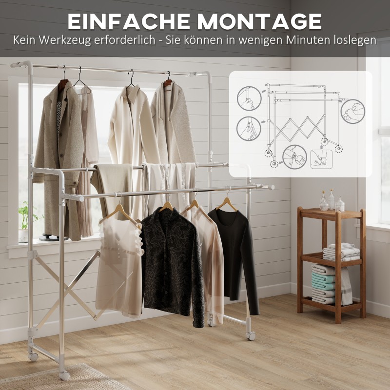 Pyykinkuivausteline torni, ruostumaton teräs, 3 säädettävää tasoa, taittuva, pyörillä, hopea