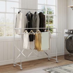 Pyykinkuivausteline torni, ruostumaton teräs, 3 säädettävää tasoa, taittuva, pyörillä, hopea