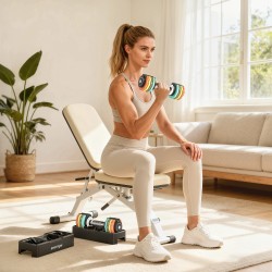 Säädettävä käsipaino 1–5 kg kotitreeniin, taottu teräs, moniväriset levyt ja säilytysteline