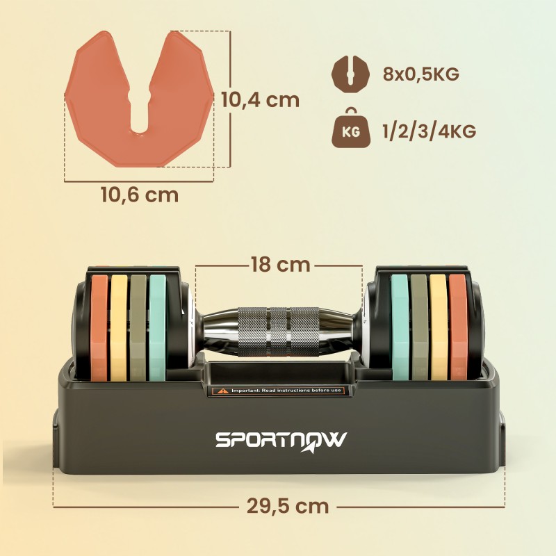 Säädettävä käsipaino 1–5 kg kotitreeniin, taottu teräs, moniväriset levyt ja säilytysteline