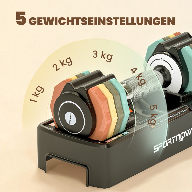 Säädettävä käsipaino 1–5 kg kotitreeniin, taottu teräs, moniväriset levyt ja säilytysteline