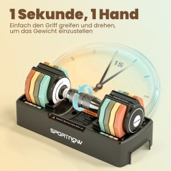 Säädettävä käsipaino 1–5 kg kotitreeniin, taottu teräs, moniväriset levyt ja säilytysteline