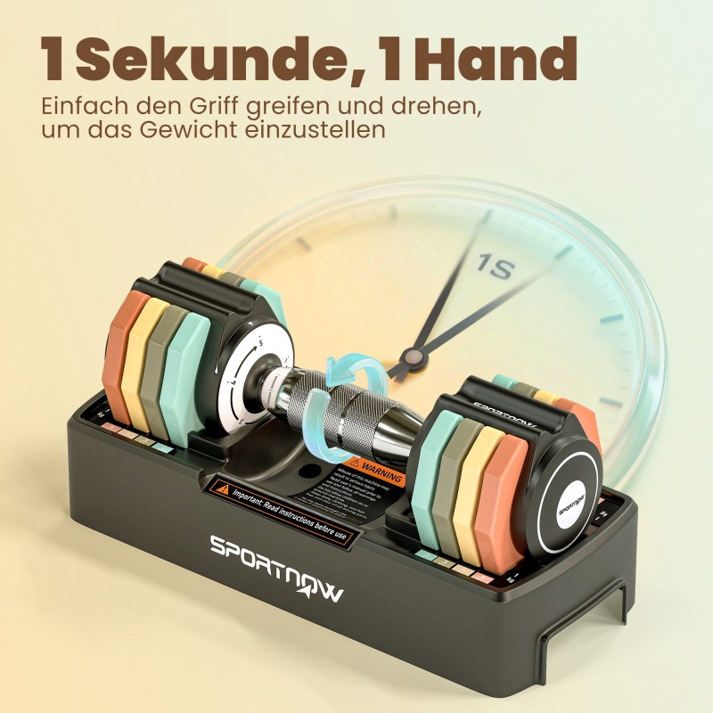 Säädettävä käsipaino 1–5 kg kotitreeniin, taottu teräs, moniväriset levyt ja säilytysteline