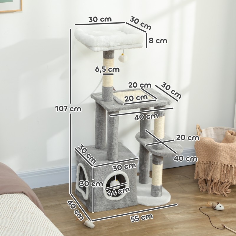 Kissan kiipeily- ja raapimapuu sisalitolpilla, pesäkolo ja lelut 55 x 40 x 107 cm, harmaa