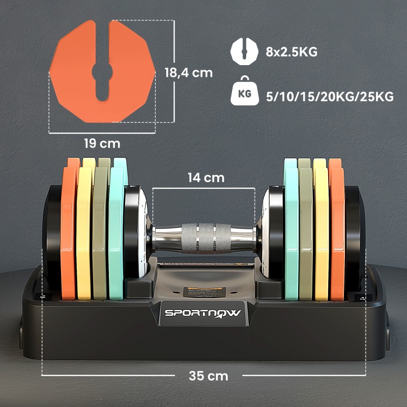Säädettävä käsipaino kotitreeniin 5–25 kg, teräs ja muovi, liukumaton kahva, säilytysalusta mukana