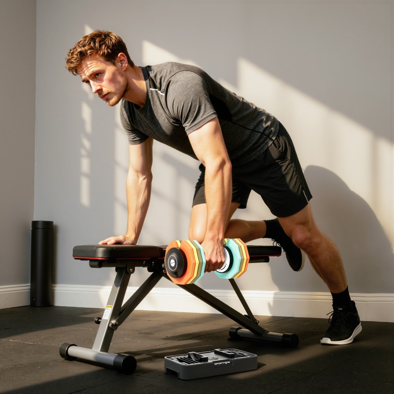 Säädettävä käsipaino kotitreeniin 5–25 kg, teräs ja muovi, liukumaton kahva, säilytysalusta mukana