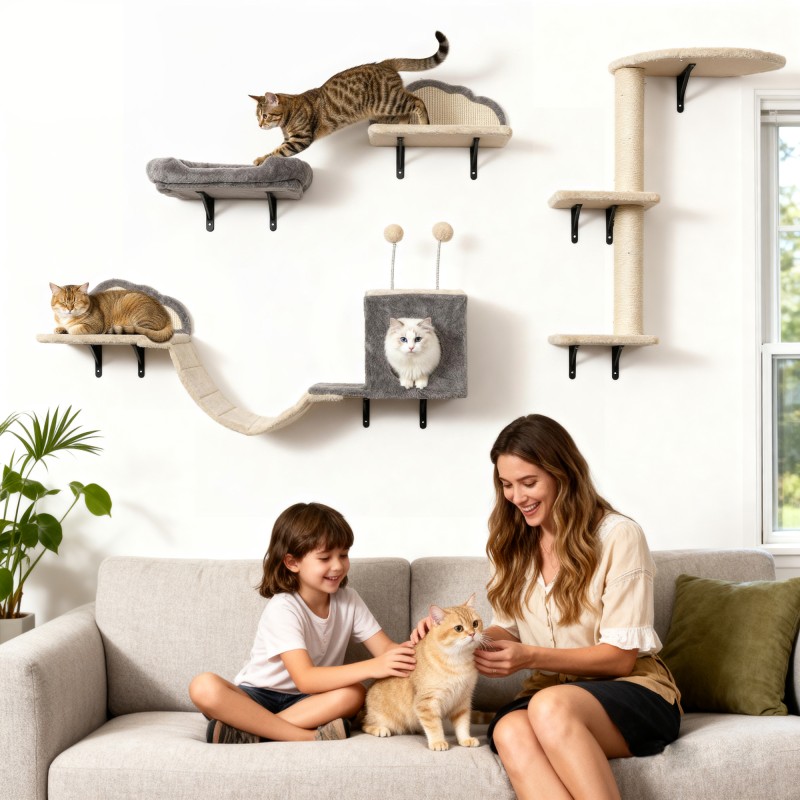Seinään kiinnitettävä kissan kiipeily- ja raapimapuu, sisalpinnat, 4 osaa, 1–3 kissalle, beige-harmaa