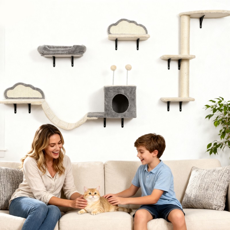 Seinään kiinnitettävä kissan kiipeily- ja raapimapuu, sisalpinnat, 4 osaa, 1–3 kissalle, beige-harmaa