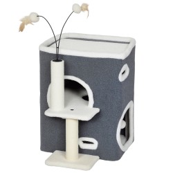 Kissan raapimispuu kahdella piilopaikalla ja ylätasolla sisalpylväs 48 5 x 43 x 58 cm harmaa valkoinen