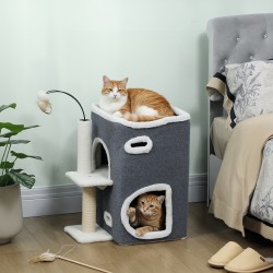 Kissan raapimispuu kahdella piilopaikalla ja ylätasolla, sisalpylväs, 48,5 x 43 x 58 cm, harmaa-valkoinen