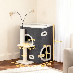 Kissan raapimispuu kahdella piilopaikalla ja ylätasolla, sisalpylväs, 48,5 x 43 x 58 cm, harmaa-valkoinen