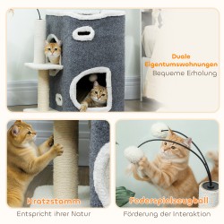 Kissan raapimispuu kahdella piilopaikalla ja ylätasolla, sisalpylväs, 48,5 x 43 x 58 cm, harmaa-valkoinen