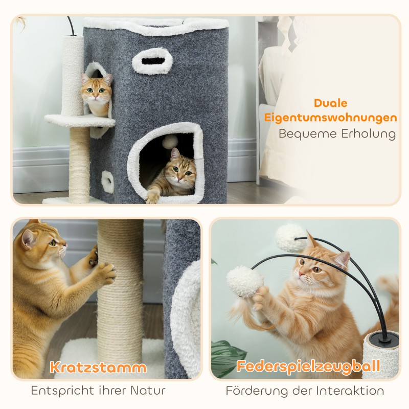 Kissan raapimispuu kahdella piilopaikalla ja ylätasolla, sisalpylväs, 48,5 x 43 x 58 cm, harmaa-valkoinen