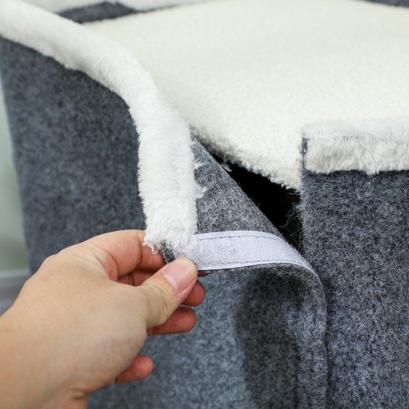 Kissan raapimispuu kahdella piilopaikalla ja ylätasolla, sisalpylväs, 48,5 x 43 x 58 cm, harmaa-valkoinen