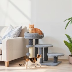 Kissan kiipeilypuu ja portaat, sisalpylväs ja plyysi, leveä pohja, 60 x 40 x 56 cm, harmaa