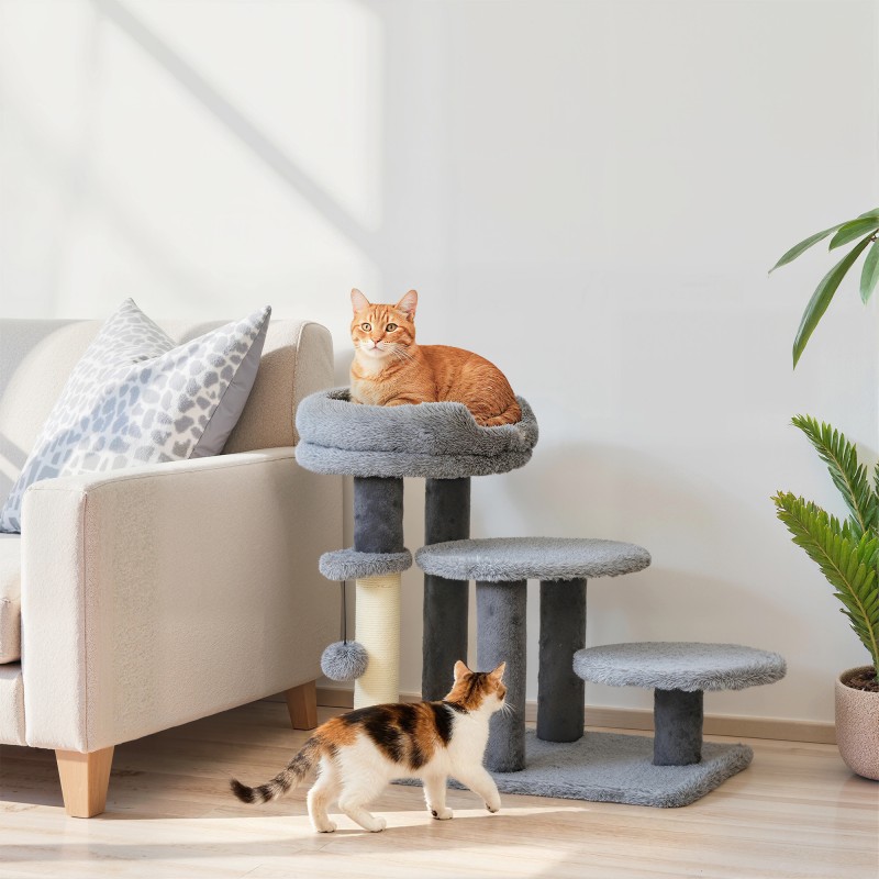 Kissan kiipeilypuu ja portaat, sisalpylväs ja plyysi, leveä pohja, 60 x 40 x 56 cm, harmaa