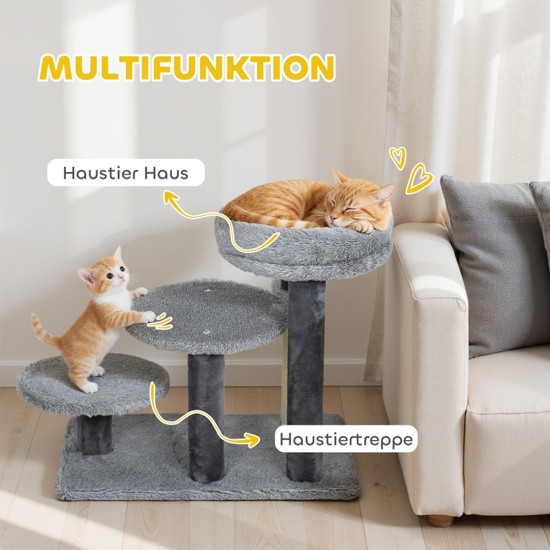 Kissan kiipeilypuu ja portaat, sisalpylväs ja plyysi, leveä pohja, 60 x 40 x 56 cm, harmaa