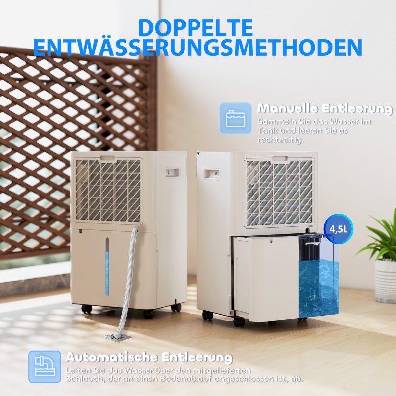 Ilmankuivain 20 l/vrk kompressorilla, 4,5 l säiliö, 20–40 m², 24 h ajastin, LED-näyttö, valkoinen muovi