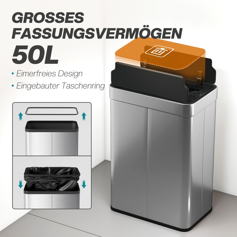 Automaattinen sensoriroskakori 55 L, perhoskansi, ruostumaton teräs, hopea/musta