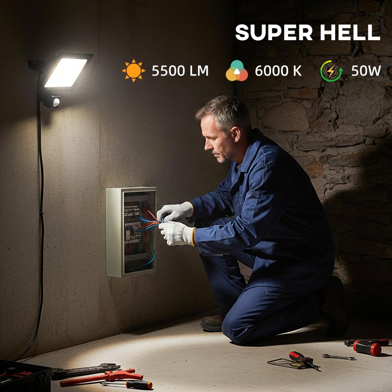 Työvalaisin 50 W ulkokäyttöön, 3 tilaa, liiketunnistin, 2 kpl, alumiini, IP65, musta