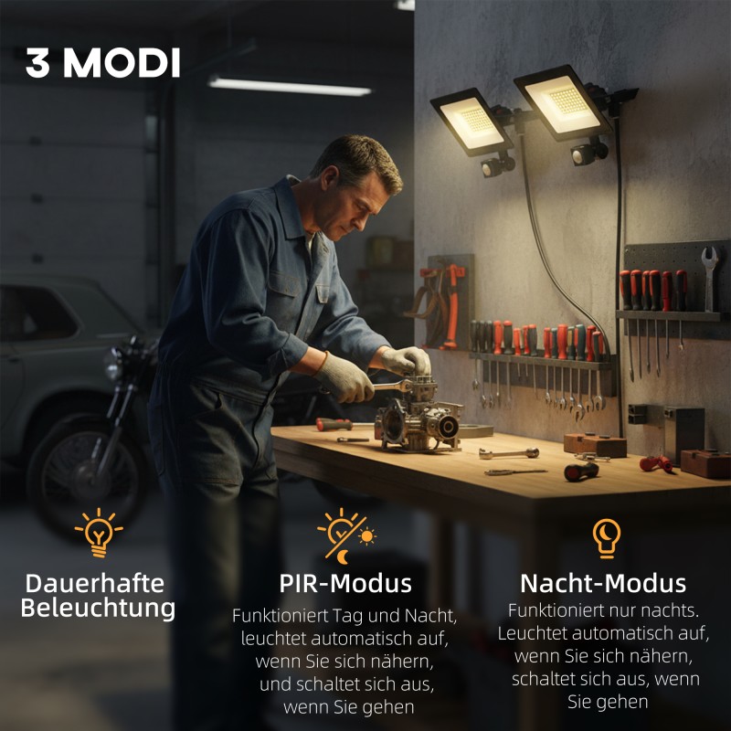 Työvalaisin 50 W ulkokäyttöön, 3 tilaa, liiketunnistin, 2 kpl, alumiini, IP65, musta