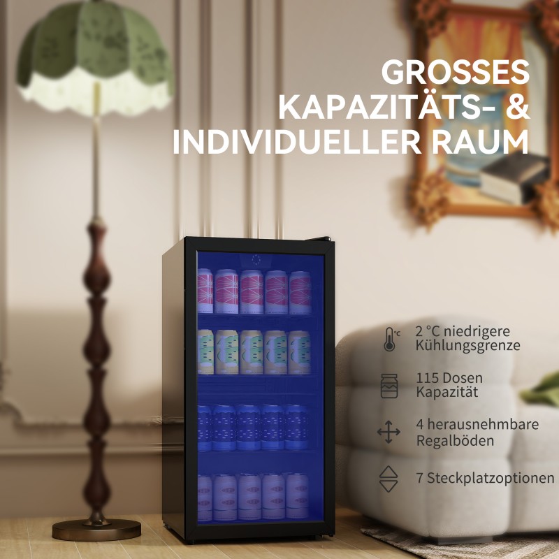 Juomajääkaappi lasiovella 93 L, säädettävät hyllyt, 2–14 °C, musta