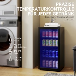 Juomajääkaappi lasiovella 93 L, säädettävät hyllyt, 2–14 °C, musta