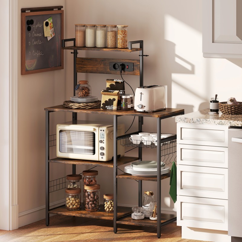 Keittiöhylly pistorasioilla, teräsrunko ja lastulevy, kori ja S-koukut, 90 x 42 x 130 cm, ruskea/musta