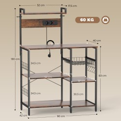 Keittiöhylly pistorasioilla, teräsrunko ja lastulevy, kori ja S-koukut, 90 x 42 x 130 cm, ruskea/musta